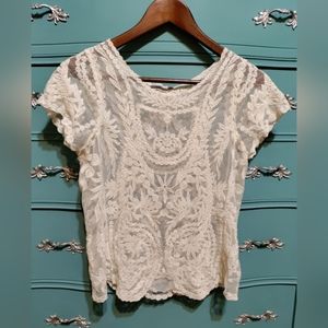 Style Apparel Young Contemporary lace embroidered short sleeve shirt